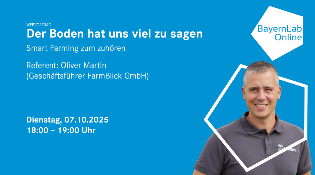 Webgrafik Smart Farming Blaue Grafik mit Informationen in weißer Schrift zum Webvortrag, die Informationen sind auch im Fließtext. Rechts oben in blauer Schrift