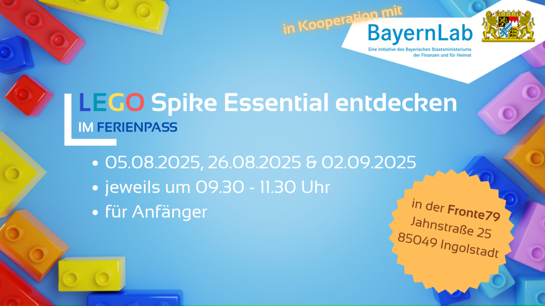 LEGO Spike Essential Workshops in den Sommerferien 2025 Werbeposter für den LEGO Spike Essential Workshop im Ferienpass Ingolstadt 2025