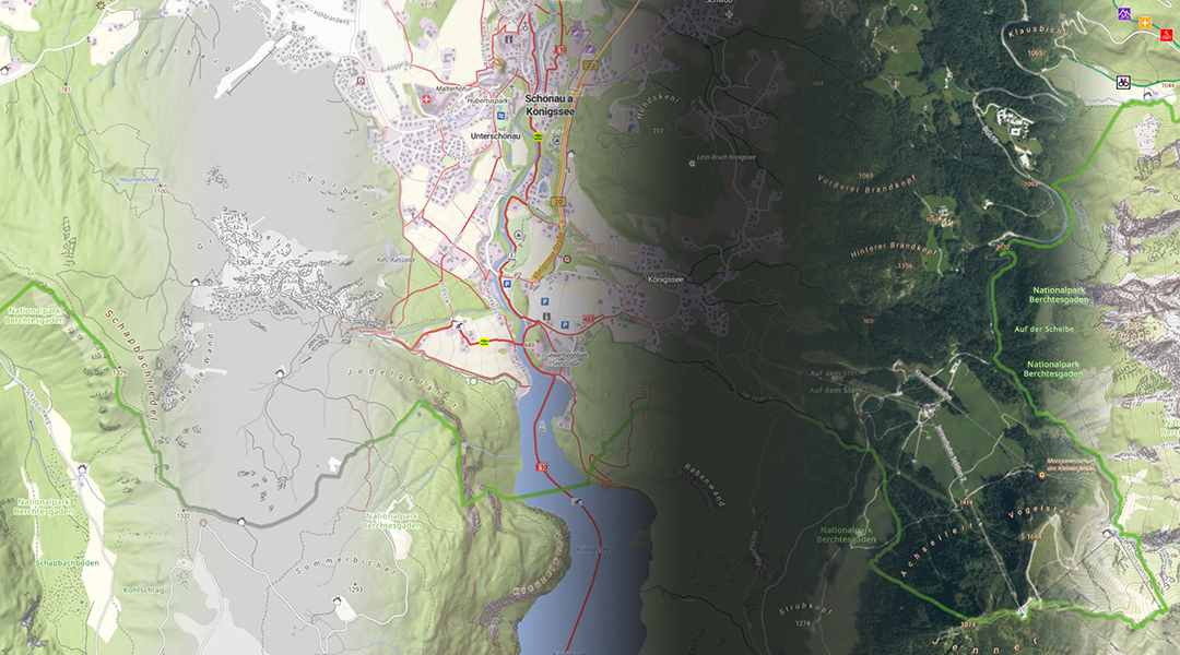 Smart Mapping Vektorkarte wechselt nach rechts in Luftbild und Topographische Karte