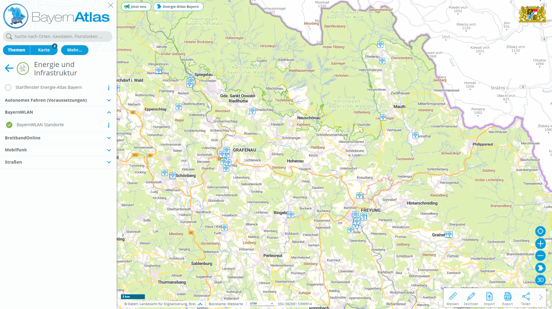 Screenshot BayernWLAN-Standorte im BayernAtlas Zu sehen ist ein Screenshot aus dem BayernAtlas, Layer "BayernWLAN Standorte".