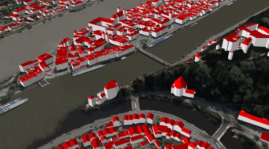 3D-Gebäudemodell mit Dachformen Schrägansicht von Passau mit 3D-Gebäudemodell mit Dachformen